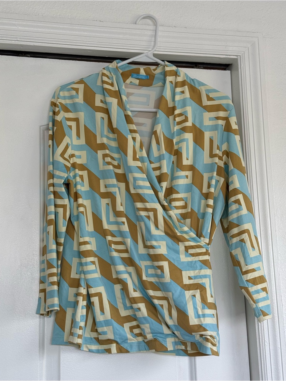 Geometric Wrap Blouse - Aquamarine, Camel & Cream